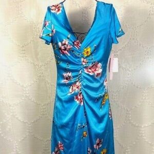 Avec Les Filles Women's Blue Ruched Floral-Print Dress Zip Lined fits size 2-4